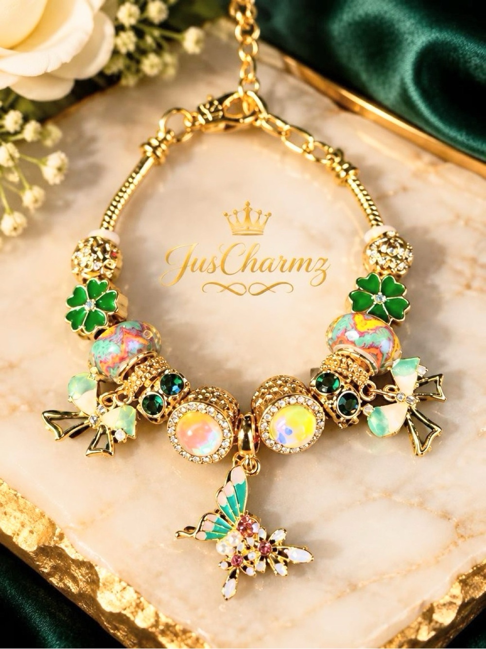 Hand Crafted Bracelet with Green Enamel & Multicolor Opal Charms